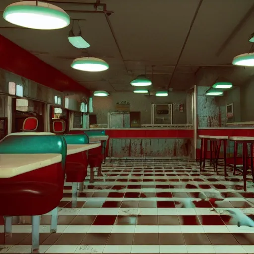 Image similar to 1990's diner full of zombies, 8k, octane render