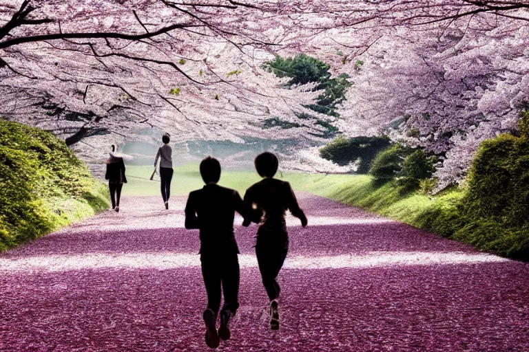 Image similar to vfx movie scene closeup japanese couple running through cherry blossom forest, natural lighting by emmanuel lubezki