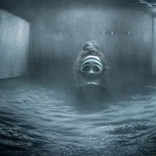 Image similar to sea monster about to eat pov underwater, pale skin, dark yellowish water, foggy water, dark, dramatic,'silent hill ', big eyes, alluring and terrifying, cinematic