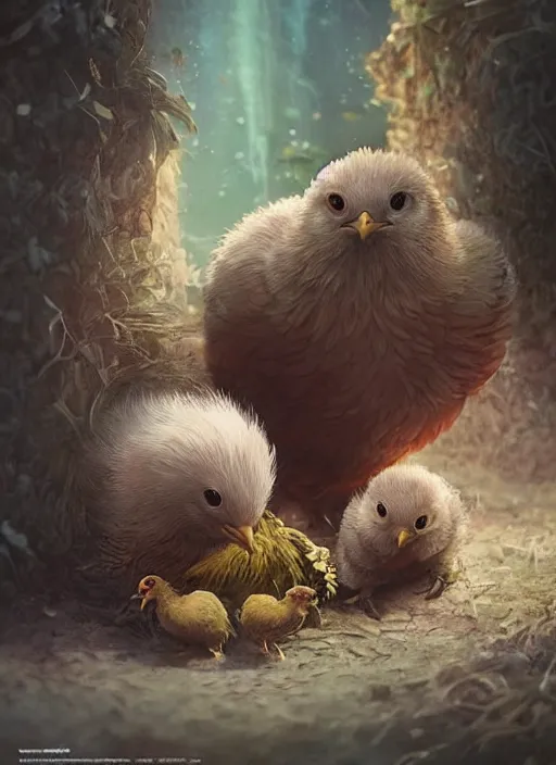 Image similar to a cute hen fostering two chicks in an adventure movie by nuri iyem, james gurney, james jean, greg rutkowski, anato finnstark. pixar. hyper detailed, 5 0 mm, award winning photography