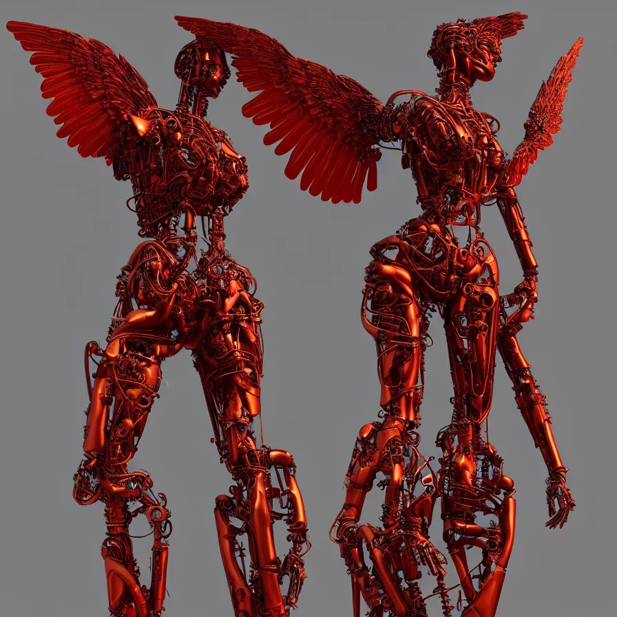 Image similar to statue winged victory of samothrace, vogue, red biomechanical, inflateble shapes, wearing epic bionic cyborg implants, masterpiece, intricate, biopunk futuristic wardrobe, highly detailed, artstation, concept art, background galaxy, cyberpunk, octane render