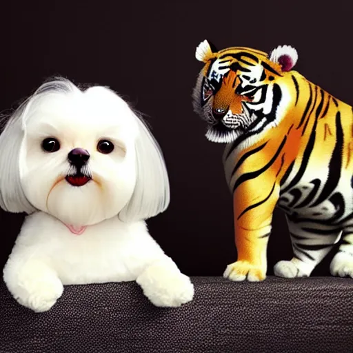 Prompt: a maltese dog and a Tiger