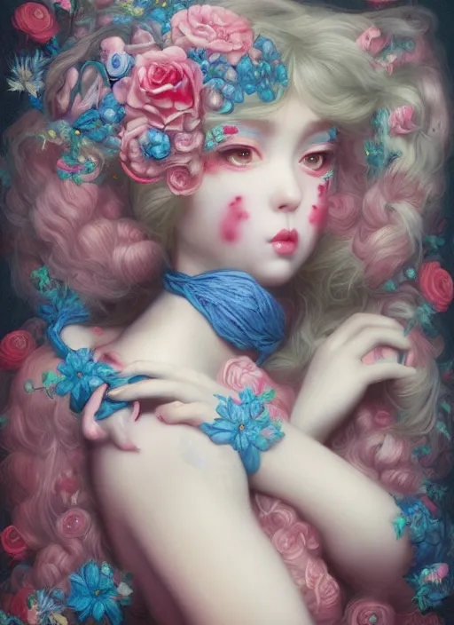 Prompt: pop surrealism, lowbrow art, realistic cute girl painting, blue body harness, japanese shibari with flowers, hyper realism, muted colours, rococo, natalie shau, loreta lux, tom bagshaw, trevor brown style,