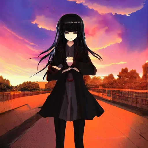 Prompt: 1 7 - year - old anime goth girl, black hair, long bob cut, long bangs, gothic coat, golden hour, partly cloudy sky, red clouds, orange sky, old town, futuristic old town, strong lighting, strong shadows, vivid hues, ultra - realistic, sharp details, subsurface scattering, intricate details, hd anime, 2 0 1 9 anime