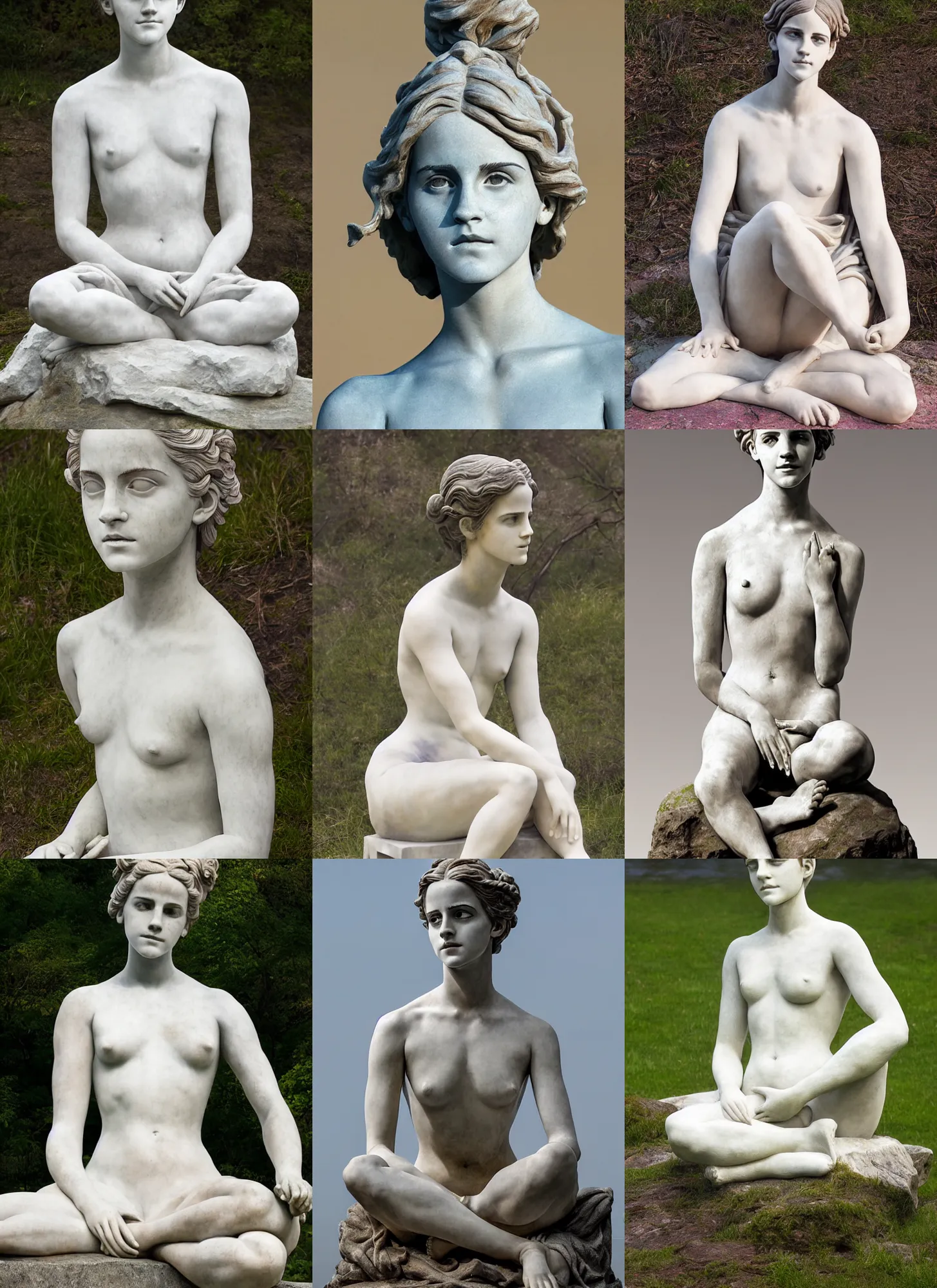 Prompt: sculpture statue of Emma Watson by Jean-Baptiste Carpeaux and Luo Li Rong and Michael James Talbot, all body, peacefully meditation pose sitting on the river bank, perfect symmetrical face, psychedelic, bodypaint, colored, white marble, in full growth, elegant, realistic, 8K, female full-skin figure, hyperrealism, subsurface scattering, raytracing, rim light, Octane Render, Redshift, Zbrush