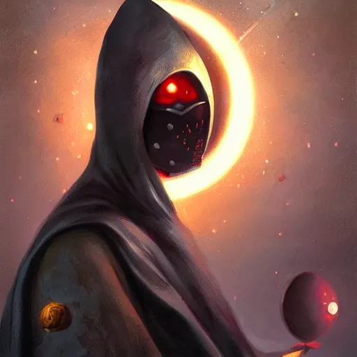 Prompt: a hooded warrior with sword surrounded by glowing spheres by peter mohrbacher