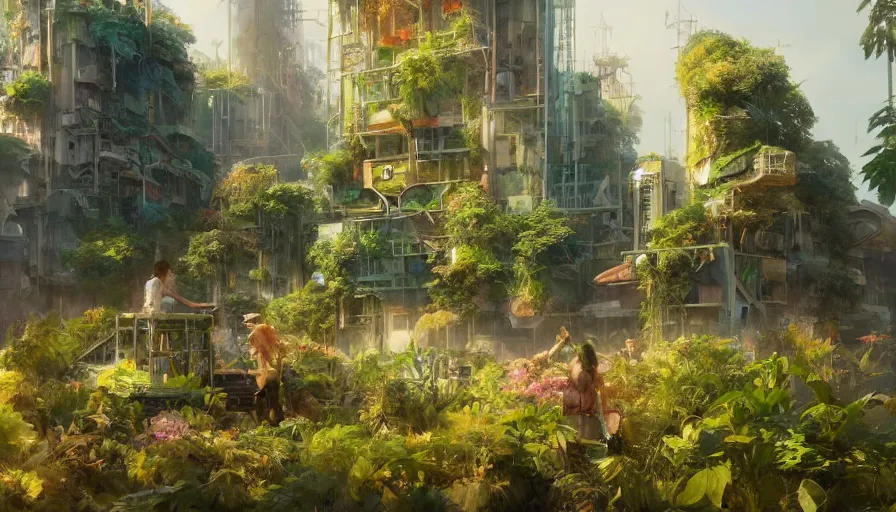 Prompt: craig mullins and ghibli digital illustration tall vertical farms, hydroponics, solarpunk, colorful, unreal engine, hyper realism, realistic shading, cinematic composition, realistic render, octane render, detailed textures, photorealistic, wide shot