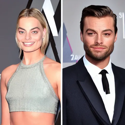 Image similar to before and after of margot robbie transformation to a man
