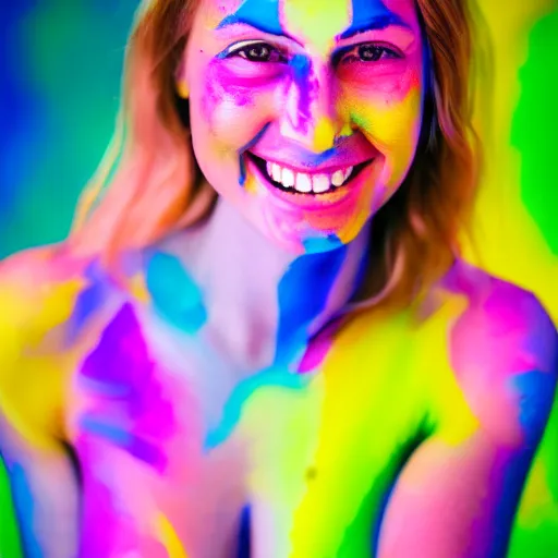 Prompt: a fullbody potrait photo of a female smiling, painted her body with ultraviolet paint, 5 0 mm lens, f 1. 4, sharp focus, ethereal, emotionally evoking, head in focus, volumetric lighting, 8 k