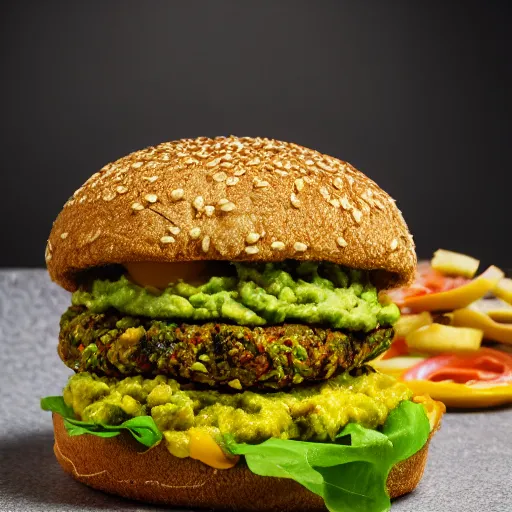 Prompt: vegan hamburger with guacamole topping and crispy fried onion topping and a fried egg topping, crispy buns, 8 k resolution, professional food photography, studio lighting, sharp focus, hyper - detailed