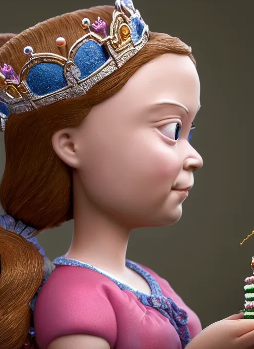 Image similar to highly detailed closeup, face profile portrait of greta thunberg as a tin toy fairytale princess wearing a crown eating cakes, bikini, unreal engine, nicoletta ceccoli, mark ryden, earl norem, lostfish, global illumination, detailed and intricate environment