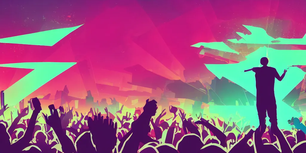 Image similar to rapping into microphone, silhouette, huge crowd, outrun, vaporwave, hip hop, simple shapes, trending on Artstation, professional artist, detailed, 4k