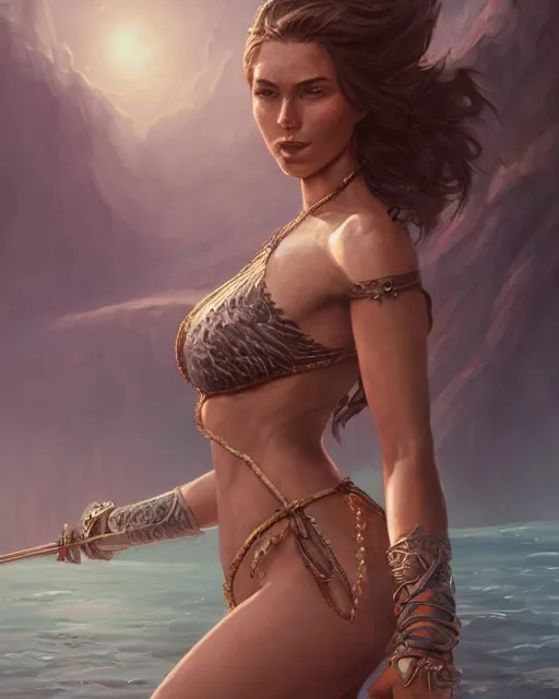 Image similar to A beautiful womanly warrior wearing a magical bikini posing on a boat, beautiful face, highly detailed face, close-up, fantasy art, in the style of greg rutkowski, illustration, epic, fantasy, intricate, hyper detailed, artstation, concept art, smooth, sharp focus, ray tracing