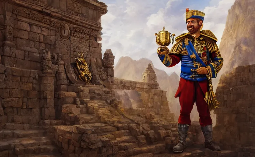 Image similar to smiling spanish conquer soldier francisco pizarro holding golden cup on a inca temple, wide view, high detailed, full perfect, symmetrical portrait, high detail, by craig mullins, peter mohrbacher, unreal engine, octane rendered, 8 k, dark beauty, trending on artstation