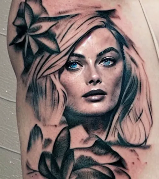 Prompt: beautiful durrealist double exposure tattoo sketch of margot robbie and beautiful mountains mash up, in the style of lesha lauz, amazing detail, sharp