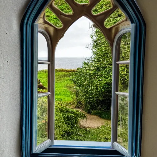 Prompt: a mullioned window through which you can see the sea with sharks