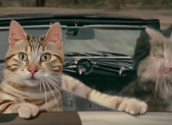 Image similar to A very high resolution image from a new movie, a cat driving a car around, inside of a car , mountains, Polaroid, directed by wes anderson