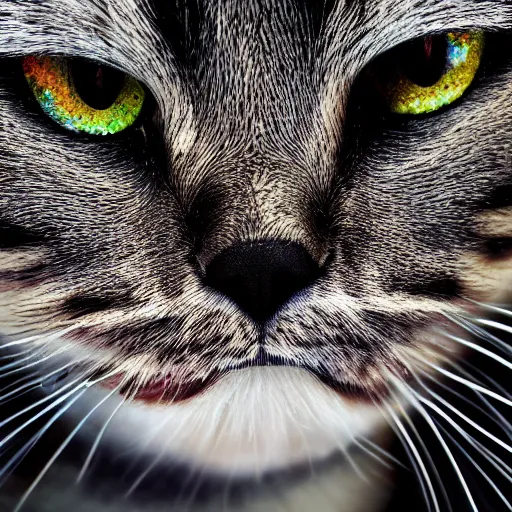 Prompt: a photo of an angry cat covered in glitter, highly detailed, photorealistic, f 2. 8