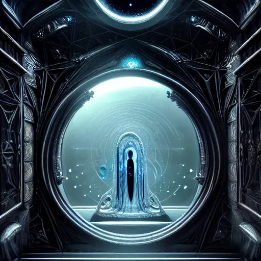 Image similar to majestic portal to another dimension, holly light and image of different time space, ethereal, sci fi, high detail, intricate, giger!, beautiful materials and reflections, photo realistic, 8 k