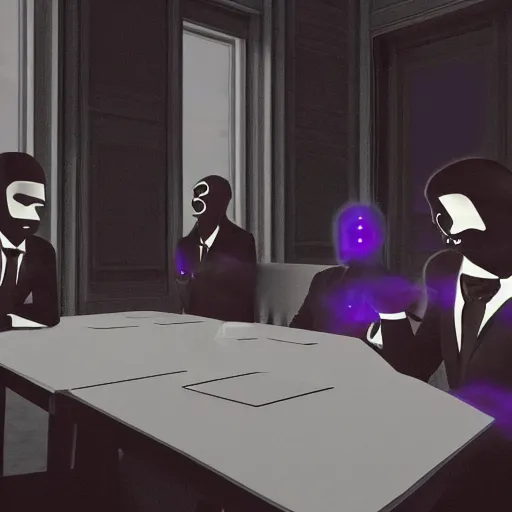 Image similar to HD render of shadow figures in suits sitting around a table in an occultic lair scheming and plotting, Ultra realistic digital art painting trending on artstation, photo realistic, black and purple colour scheme