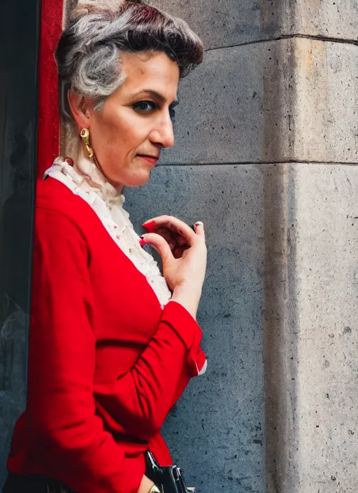 Prompt: color Close-up portrait of a beautiful 35-year-old Italian woman, wearing a red outfit, candid street portrait in the style of Mario Testino award winning, Sony a7R