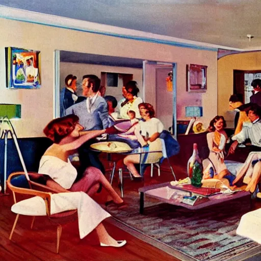 Prompt: dynamic scene of people partying in sunshine living room 1950s, by tom lovell and frank schoonover and dean cornwell