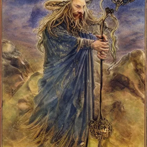 Prompt: Portrait of a sheep wizard holding a magical staff in ornamental magical robes, by Brian Froud, Jeff Easley, Alan Lee