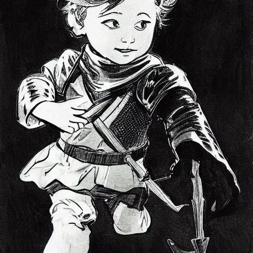 Prompt: a little boy with a mischievous face and short ginger hair. he is dressed as a knight. well composed, clean elegant painting, beautiful detailed face. by steve ditko and jack kirby and alphonse mucha