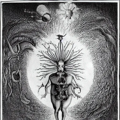 Image similar to whimsical freaky creature sings a unique canto about'as above so below'being ignited by the spirit of haeckel and robert fludd, breakthrough is iminent, glory be to the magic within