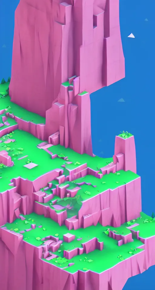 Image similar to matte 3d low poly cherry blossom island, pink waterfalls, isometric perspective on sky background, soft shadows, lat lighting, trending on artstation, 3d render, monument valley, fez video game,