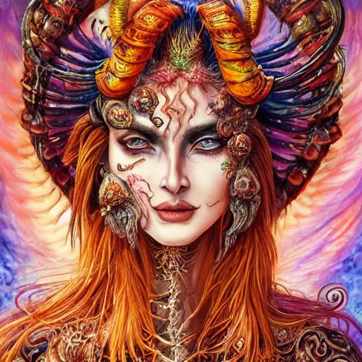 Image similar to portrait of a scorpion goddess, full body shot, fantasy, whimsical, horror, art by josephine wall and and hr geiger and chengwei pan and amanda sage, intricately detailed, highly detailed, luxurious, elegant, clean, unsettling, trending on artstation