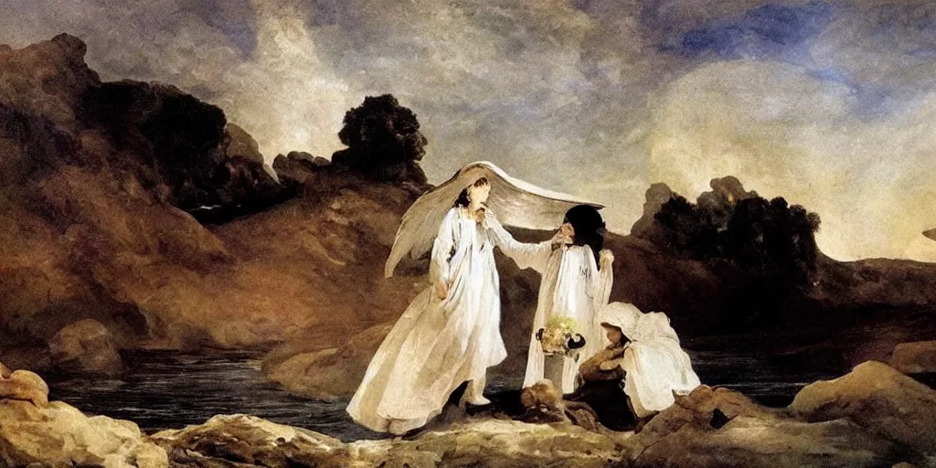 Prompt: hyperrealismBaptism on the river girls in white capes and death angels landscape in style of Goya