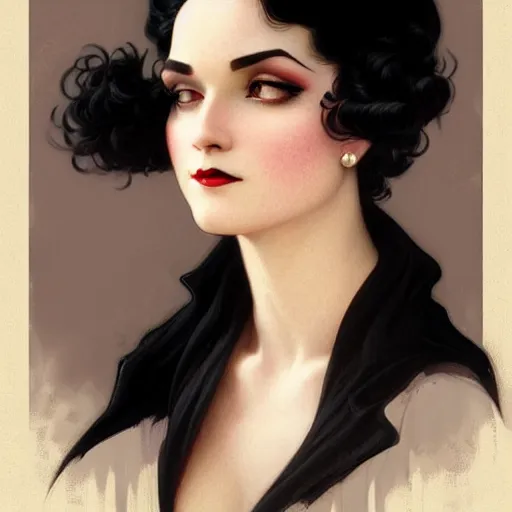 Image similar to a woman with black hair, dressed in 1920's fashion, D&D, fantasy, intricate, elegant, highly detailed, digital painting, artstation, concept art, matte, sharp focus, illustration, art by Artgerm and Greg Rutkowski and Alphonse Mucha