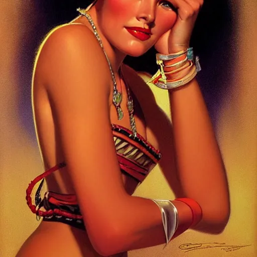 Image similar to portrait of a beautiful pocahontas, expressive pose, symmetrical face, shiny lips, highly detailed, digital painting, smooth, sharp focus, by gil elvgren