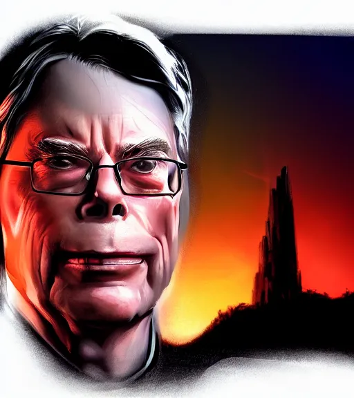 Image similar to hd pro studio photo portrait of stephen king backlit dramatic next to dark tower cinematic closeup technoir synthwave trending on Flickr artstation