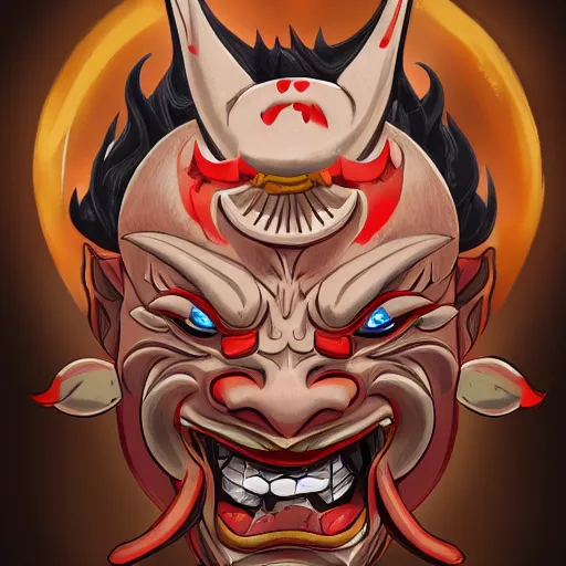 Image similar to man with a hannya mask, thunder spell, storm, landscape, artstation