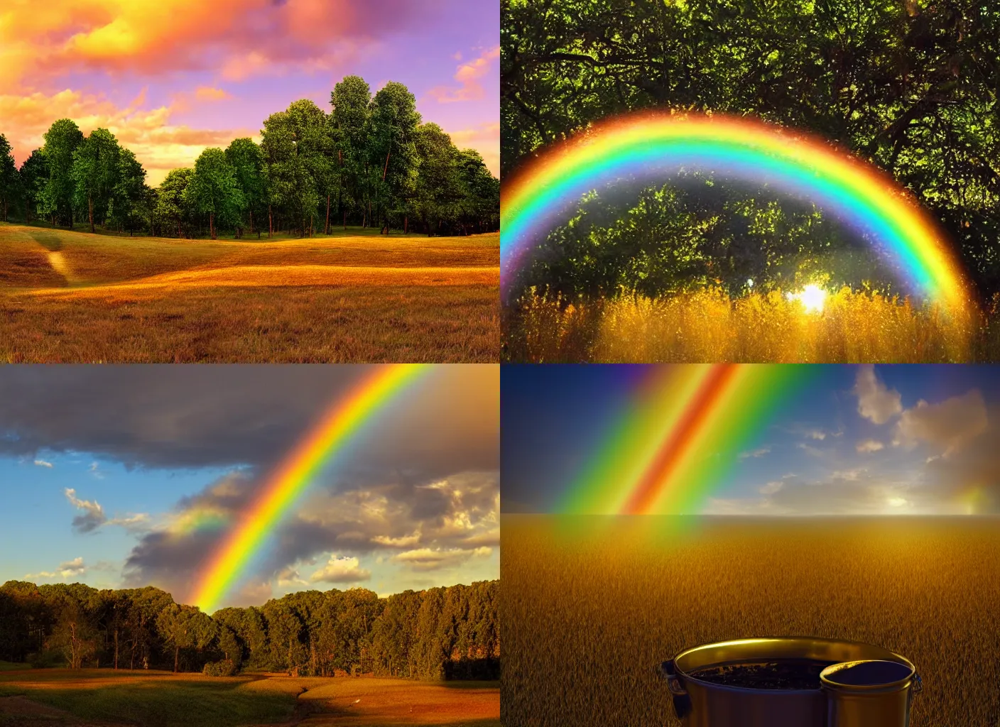 Prompt: pot of gold at the end of the rainbow, realistic, golden hour