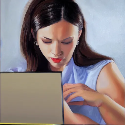 Prompt: painting detailed portrait woman using computer