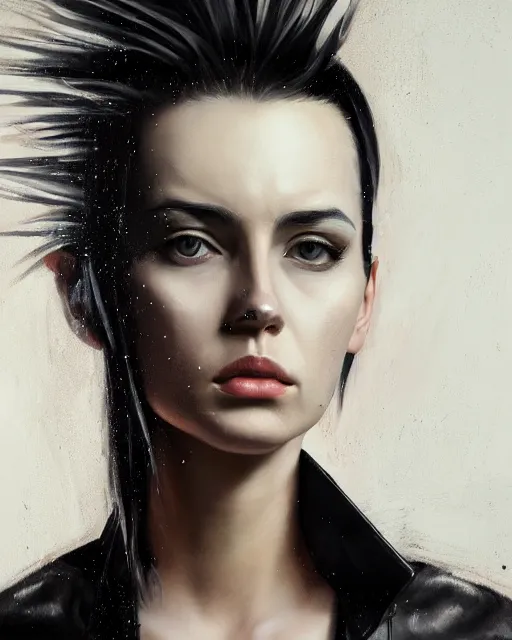 Prompt: portrait painting of a punk woman in a leather bomber jacket, medium shot, asymmetrical, profile picture, rainy night, trending on artstation, by huang guangjian