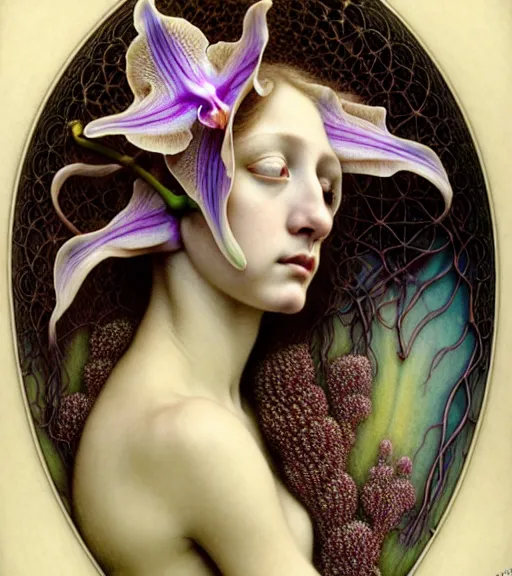 Image similar to beautiful young orchid fairy detailed realistic porcelain face portrait by jean delville, charlie bowater, iris van herpen and marco mazzoni, art forms of nature by ernst haeckel, art nouveau, symbolist, visionary, gothic, neo - gothic, pre - raphaelite, fractal lace, intricate alien botanical biodiversity, surreality, hyperdetailed ultrasharp octane render