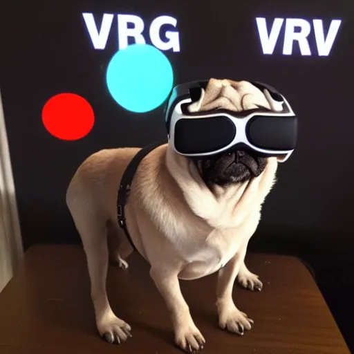 Image similar to a pug wearing a VR headset. Photorealistic.