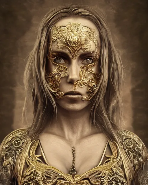 Image similar to concept art, Nicole Aniston, beautiful, frank frazetta, ornate, art nouveau, symmetrical, gold jewelry, high contrast, unbiased render, Emil melmoth, eerie, haunting, victorian, 8k, octane render, style of Gustav Klimt, head and shoulders