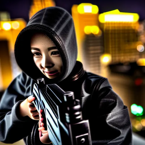 Image similar to photographic portrait of a techwear woman holding a shotgun, closeup, on the rooftop of a futuristic city at night, sigma 85mm f/1.4, 4k, depth of field, high resolution, 4k, 8k, hd, full color, Die Hard, movies with guns, movie firearms