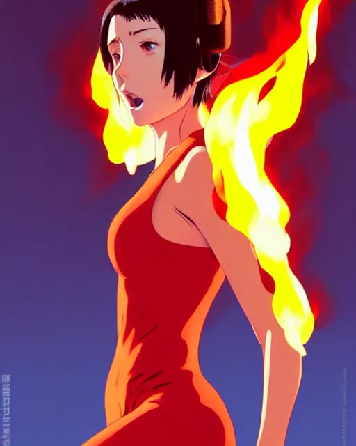 Image similar to female fireman, roaring flames in background!! | | very very anime!!!, beautiful fine - face, audrey plaza, realistic shaded perfect face, fine details. anime. realistic shaded lighting poster by ilya kuvshinov katsuhiro otomo ghost in the shell, magali villeneuve, artgerm, jeremy lipkin and michael garmash and rob rey