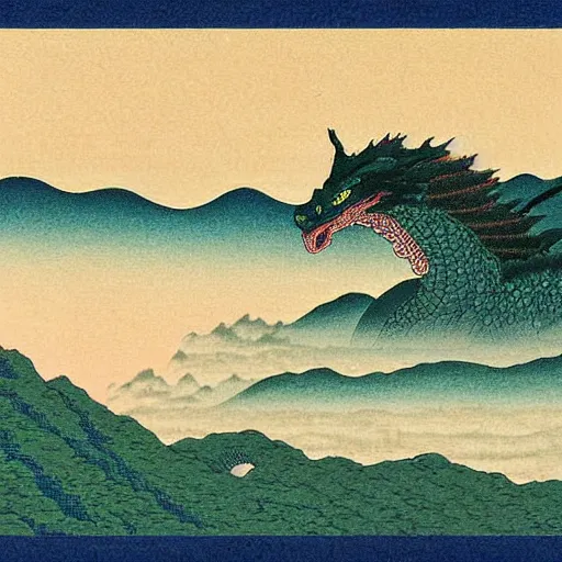 Prompt: dragon, landscape art by Kawase Hasui