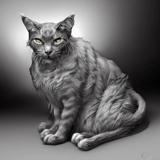 Image similar to photorealistic demonic cat in the style of michael whelan and gustave dore. hyperdetailed photorealism by greg rutkowski. 1 0 8 megapixels, 3 d finalrender, cinematic lighting