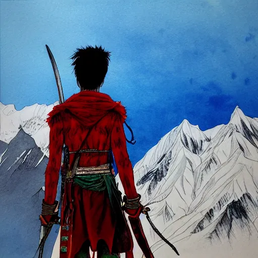 Image similar to painting of a lonesome warrior at the peak of himalayas, style of conrad roset and kentaro miura