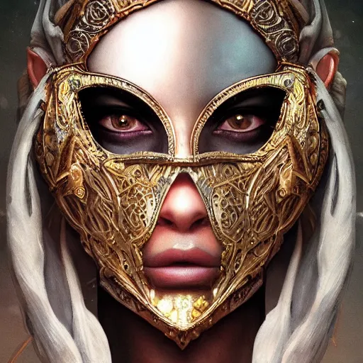 Prompt: Very very very very highly detailed epic photo of face with venetian mask, intricate, dystopian, sci-fi, extremely detailed, digital painting, artstation, concept art, smooth, sharp focus, illustration, intimidating lighting, incredible art by Artgerm and Brom