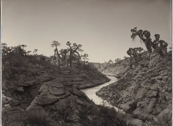 Image similar to Overlook of a river flowing through a cactus forest and rock formations, albumen silver print by Timothy H. O'Sullivan.