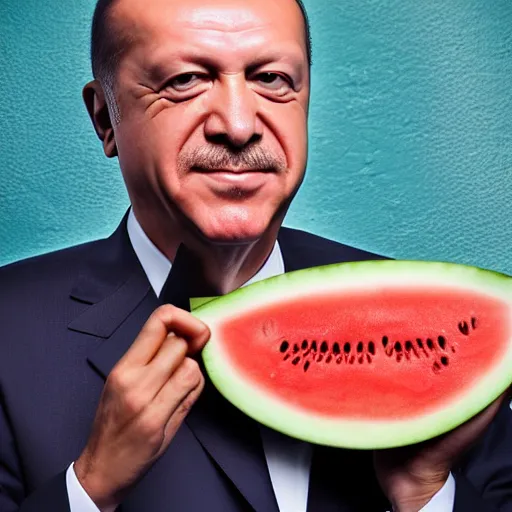 Prompt: recep tayyip erdogan smiling holding watermelon, studio photograph, hd, studio